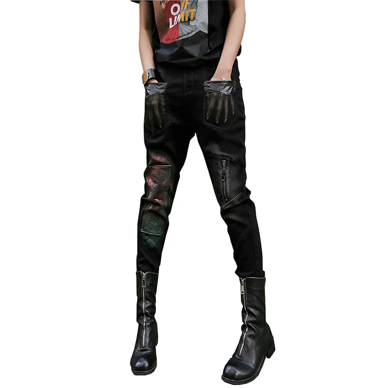 Женские джинсы с карманами повседневные Черные шаровары в уличном стиле