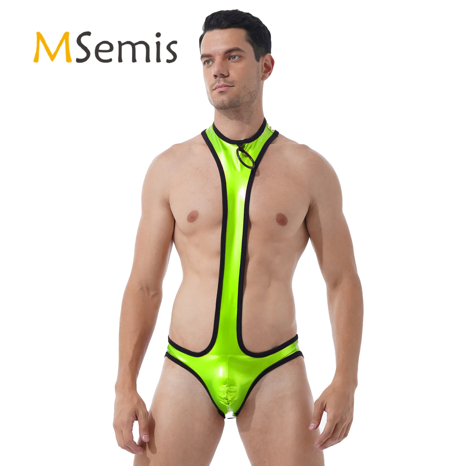 

Мужское нижнее белье, боди из лакированной кожи с круглым вырезом