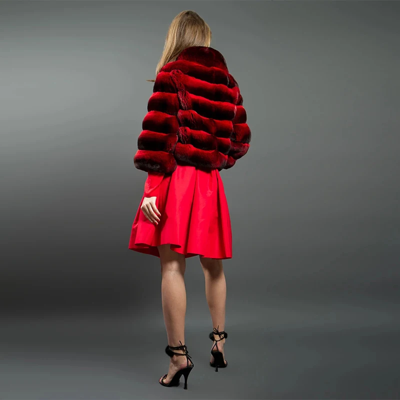 FURSARCAR 50cm Short Fashion Chinchilla Fur Jacket Women 2021 Natural Real Rex Rabbit Fur Coat Winter Outwear With Collar