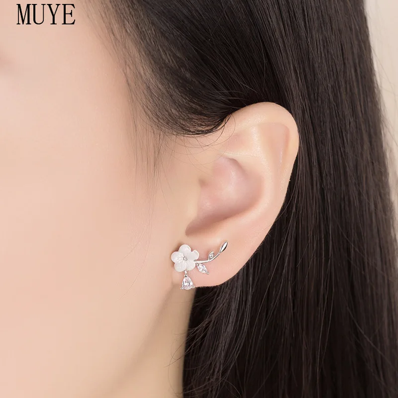 

MUYE Real 925 Sterling Silver Shell Flower Zircon Drop Stud Earrings for Women's Girl's Romantic Elegant Fine Wedding Jewelry