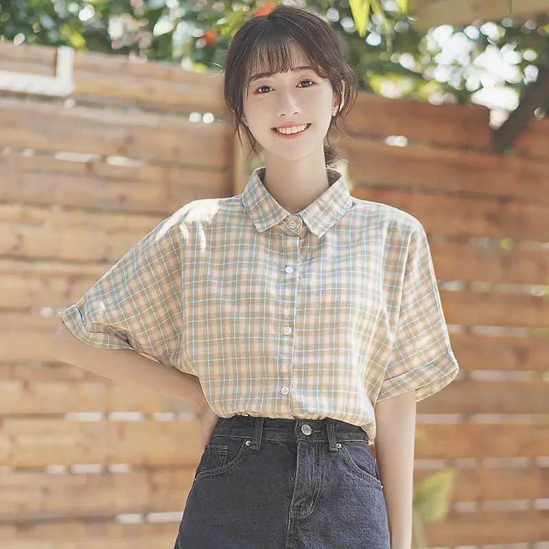 

Polo Khaki 2019 New Preppy Style Loose Plaid Polo Shirt Simple Short Sleeves Contrasting Blue Shirt for Women Summer