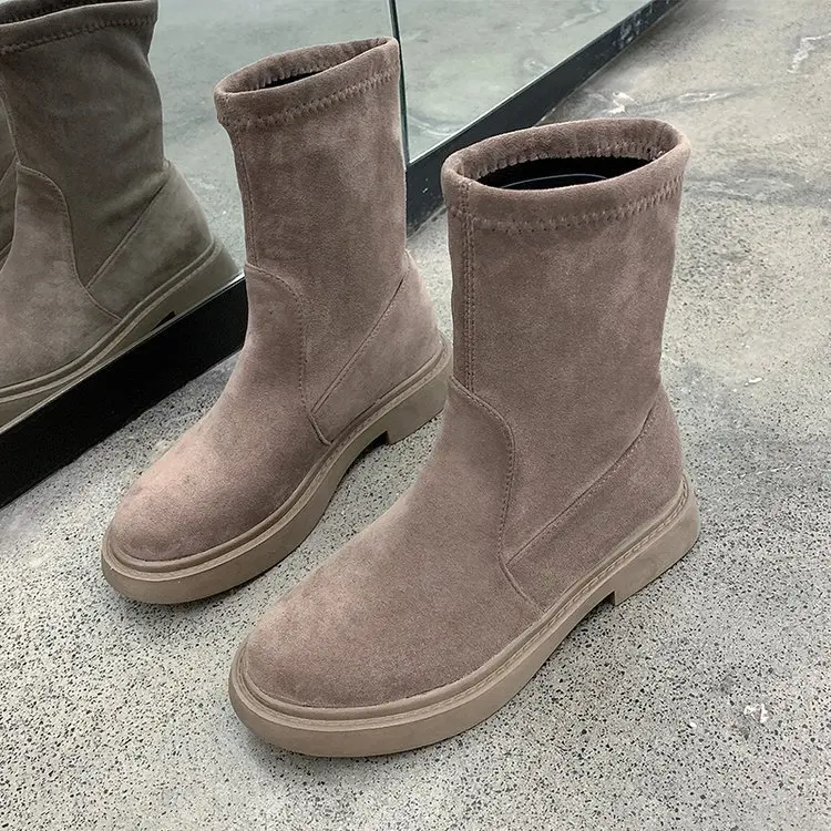 Mid-Calf Классические женские сапоги до колена из флока осенне-зимние сапоги без застежки с круглым носком на плоской подошве женская обувь из хлопчатобумажной ткани в стиле ретро - Цвет: Mid-Calf