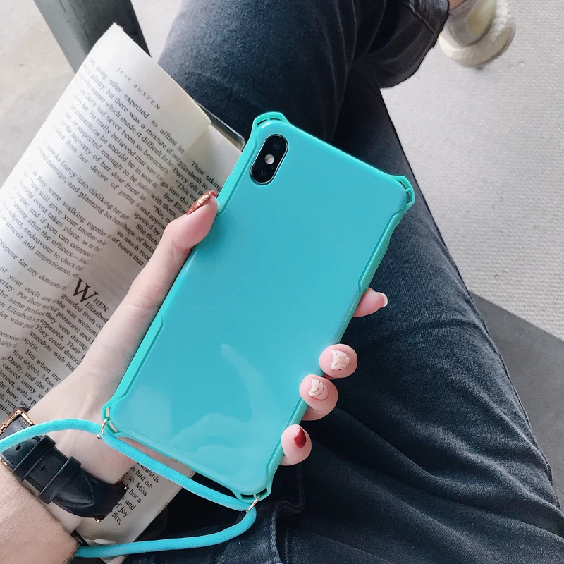 Simple Candy Color Phone Case For iPhone 11 Pro Max XR XS 7 8 Plus Soft Cover Shockproof case With Lanyard Shoulder Strap |