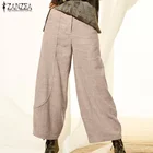 Осень 2021, повседневные Элегантные однотонные брюки на пуговицах ZANZEA, женские брюки с широкими штанинами, длинные женские брюки палаццо на молнии спереди