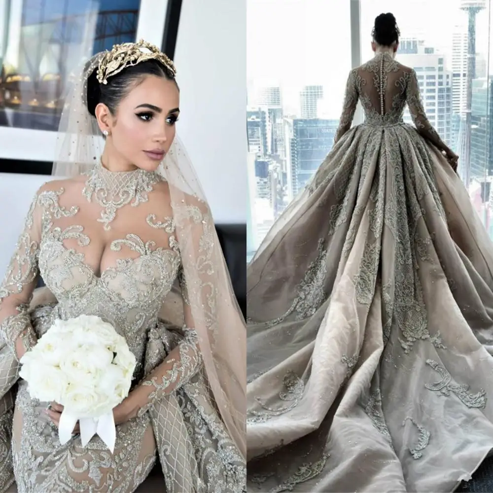 Luxury Crystal Beaded Mermaid Wedding Dresses With Detachable Train High Neck Transparent Long Sleeve Lace Bridal Gowns
