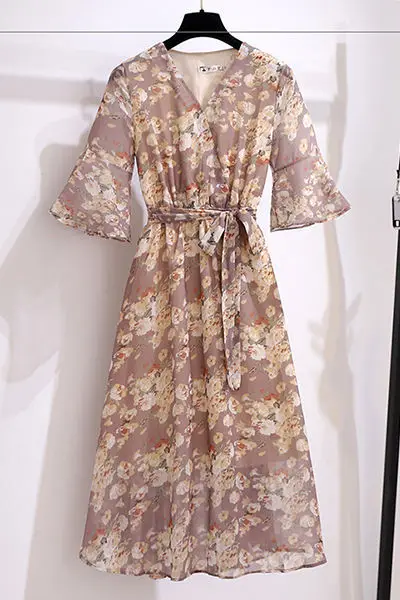

Medium and long floral chiffon dress 2021 summer new Korean fashion slim Joker size dress