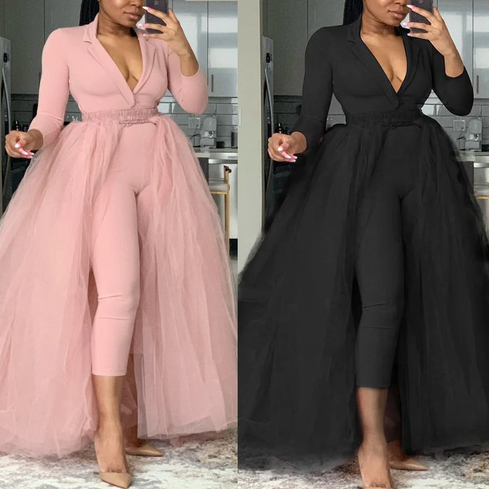 

Cutubly 2 Two Piece Suits Outfits Lace Cover Skirts And Lapel Jumpsuits Set For Women Long Sleeve Autumn Winter Skirt Sets Woman
