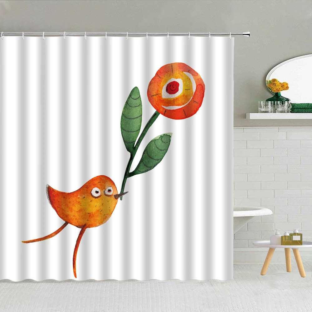 

Cute Owl Coffee Cup Cartoons Animal Shower Curtain Bird Flower Love Bathroom Decor Minimalist Hand-painted Waterproof Curtains