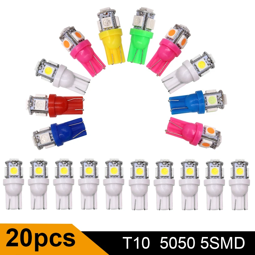

20PCS w5w Led t10 194 168 auto bulb lamp DC 12v Light 5050 5smd Parking white blue red green color super bright
