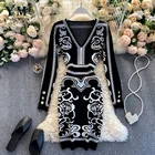 YuooMuoo Брендовое модное жаккардовое женское платье с кешью элегантное облегающее трикотажное платье с V-образным вырезом Ins горячее офисное Черное Осеннее платье