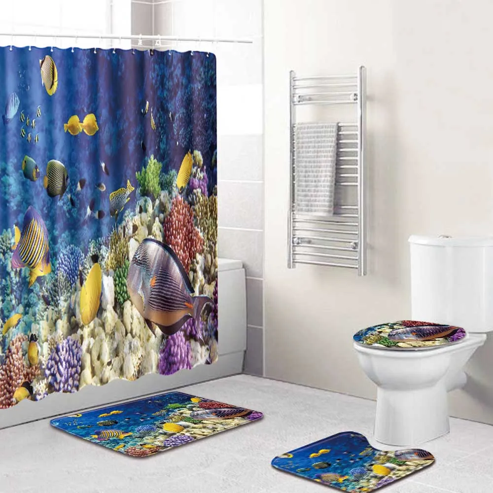 Океанский Коралл душевые наборы занавесок Нескользящие ковры Крышка для унитаза