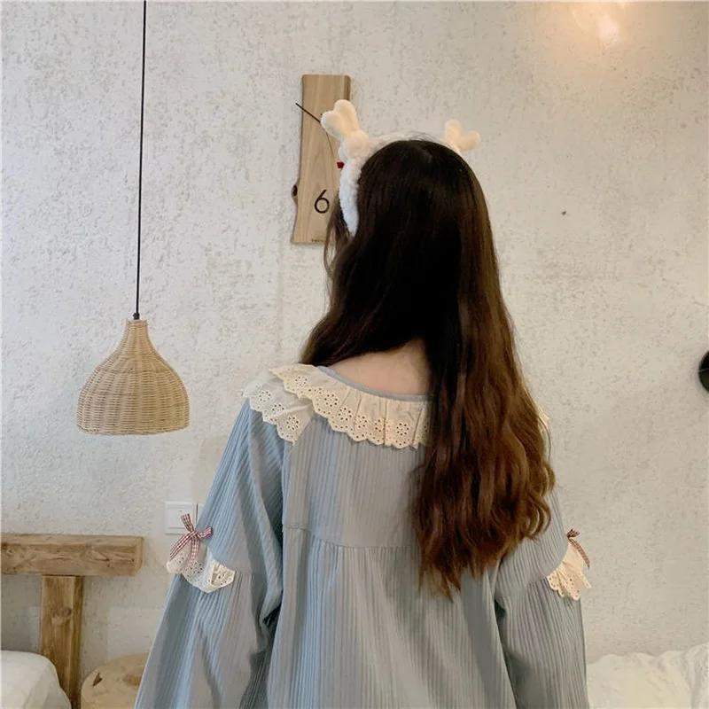 QWEEK Autumn Pajamas Womens Two Piece Sets Ruffles Bow Pijamas Kawaii Solid Color Pyjamas Purple Bule Sleepwear Home Clothes