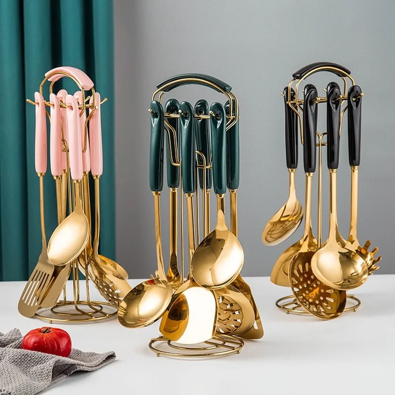 

Stainless Steel Kitchenware Set Ceramic Handle Cooking Shovel 7Pcs Household Soup Slotted Spoon Spatula Powder Fish Cook Spoon