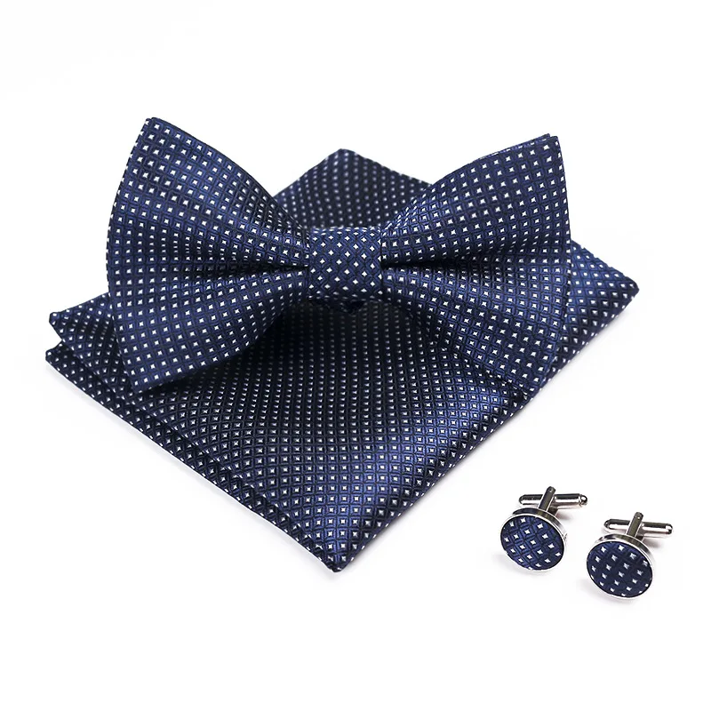 100% Silk Blue Bowtie Woven Dot Checked Stripe Men Bow Tie Set Butterfly Office Wedding Dress Mens Gift Formal luxury Accessory |