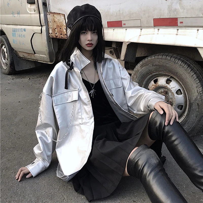 Женская свободная куртка из искусственной кожи Harajuku мягкая Серебряная кожаная