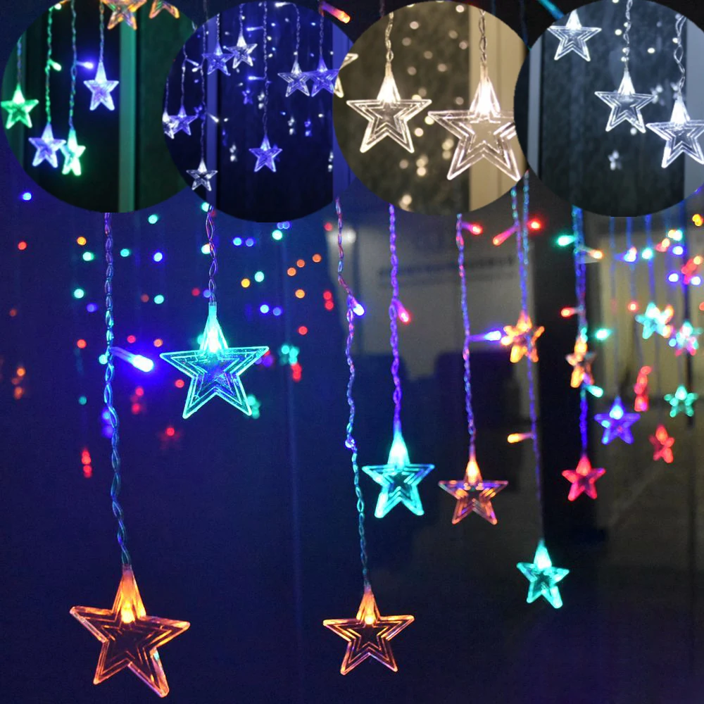 

LED Christmas Window Star Icicle Lights AC220V Garland Stars Curtain Lights 8 Modes Fairy String Lights Backdrop Home Decoration