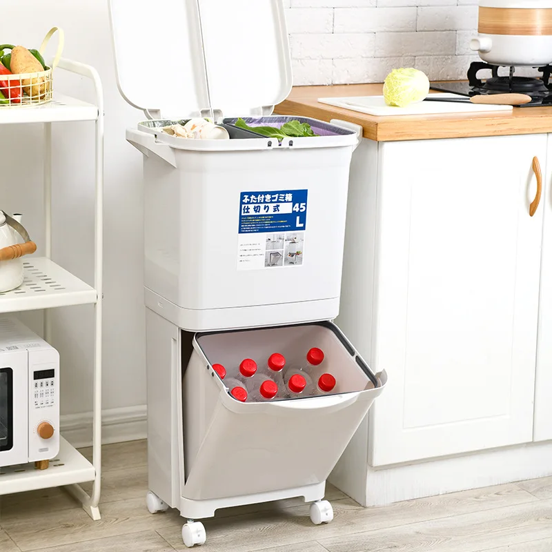 Kitchen Trash Can Recycle Bin Sorting Household Dry And Wet Separation Waste Classification Rubbish with wheel | Дом и сад