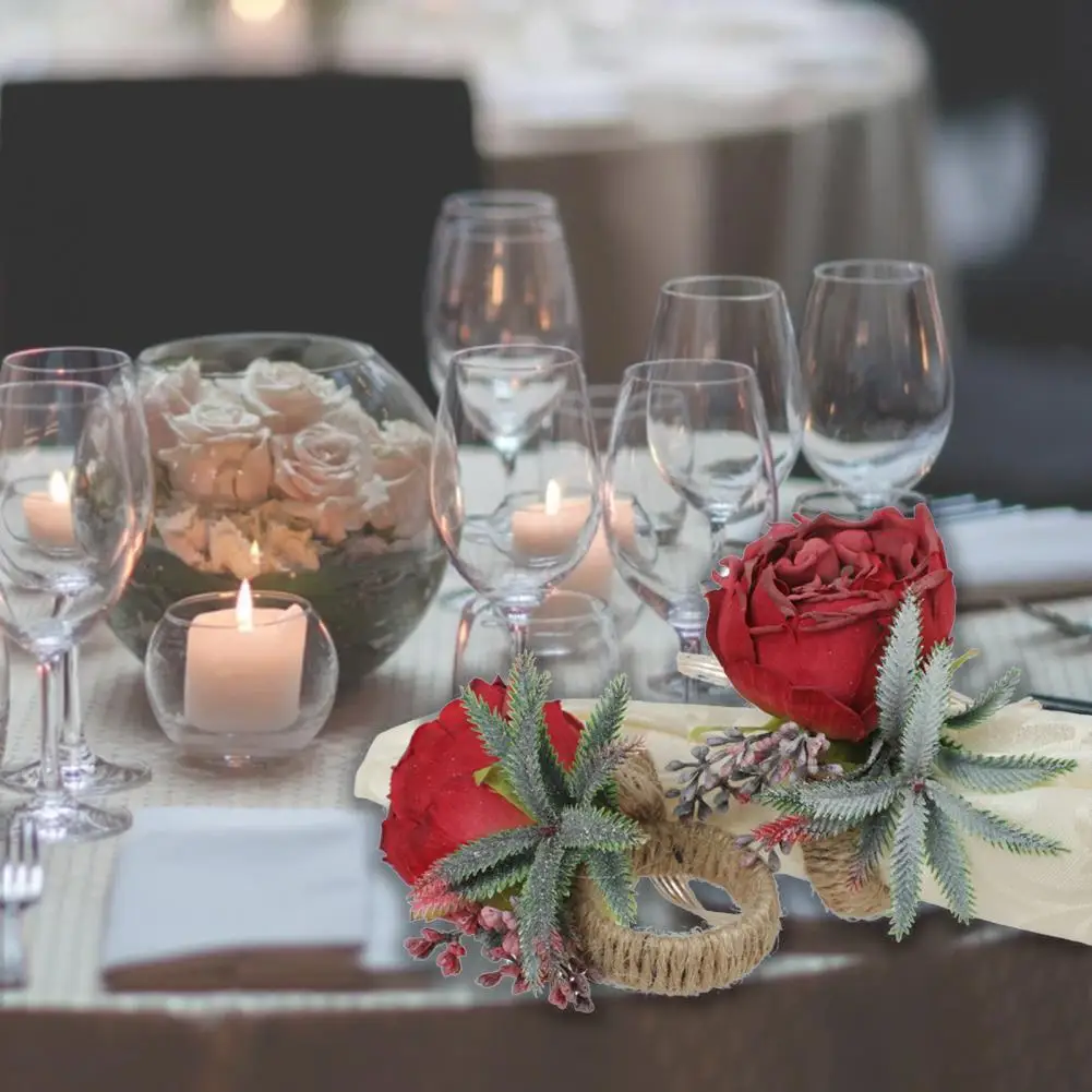 

2Pcs Flower Napkin Ring Decorative Romantic Long Lasting Artificial Rose Flower Napking Holders Serviette Buckle for Wedding