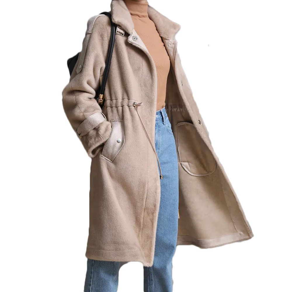 Длинное пальто из натурального меха норки, Женская куртка с леопардовым принтом, зимнее теплое пальто из натурального меха, женская верхняя одежда размера плюс - Цвет: CAMEL
