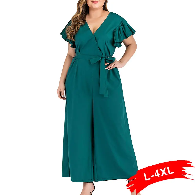 Женский комбинезон с бантом темно зеленый V образным вырезом и длинными широкими