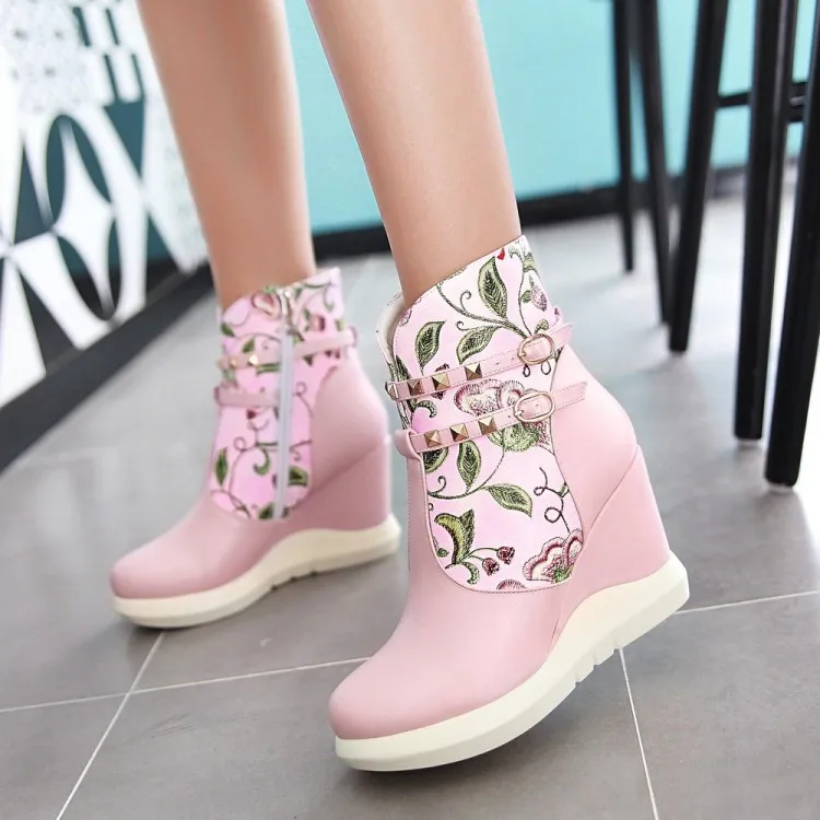 

Womens Shoes Floral Printed Wedge High Heel Platform Ankle Boots PU Leather Rivet Studs 3Colors New 2022