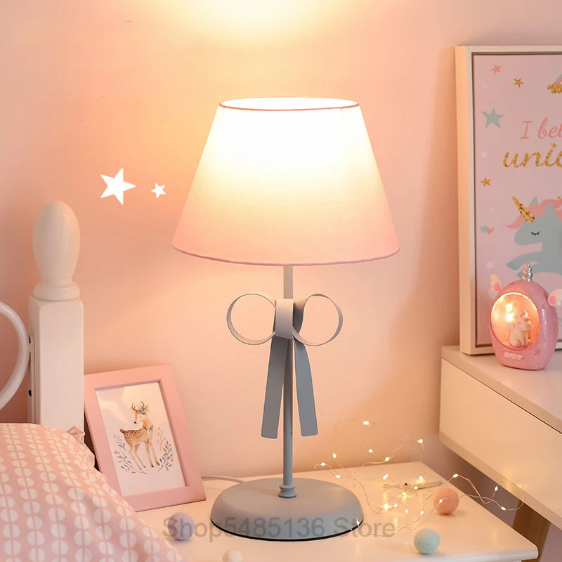 北欧弓ノットピンクテーブルランプベッドルーム近代デスクランプ女の子プリンセスベッドサイドランプledスタンド照明器具家の装飾