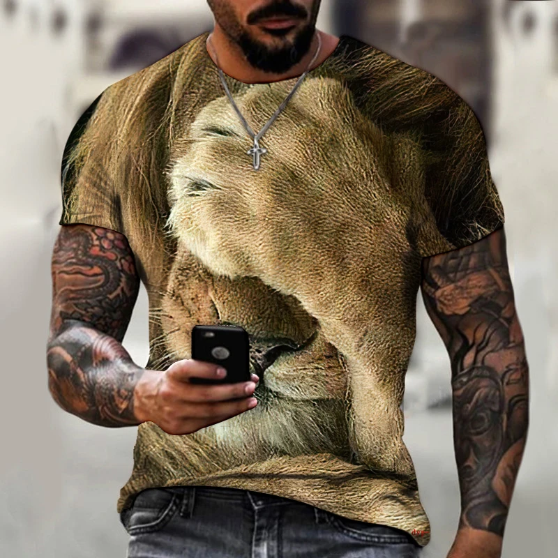 

New Summer Men's T-shirt 2022 Fashion Animal Lion Face Funny 3D T-shirt Oversized Short-sleeved High-quality Fabric Street Top