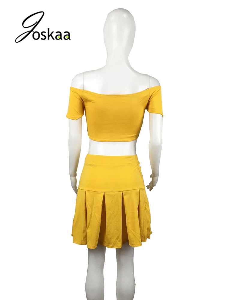 

Joskaa Solid Slash Neck Crop Top+High Waist Pleated Skirt Two Piece Set Office Lady Commuting Outfits Summer 2021 Party Clubwear