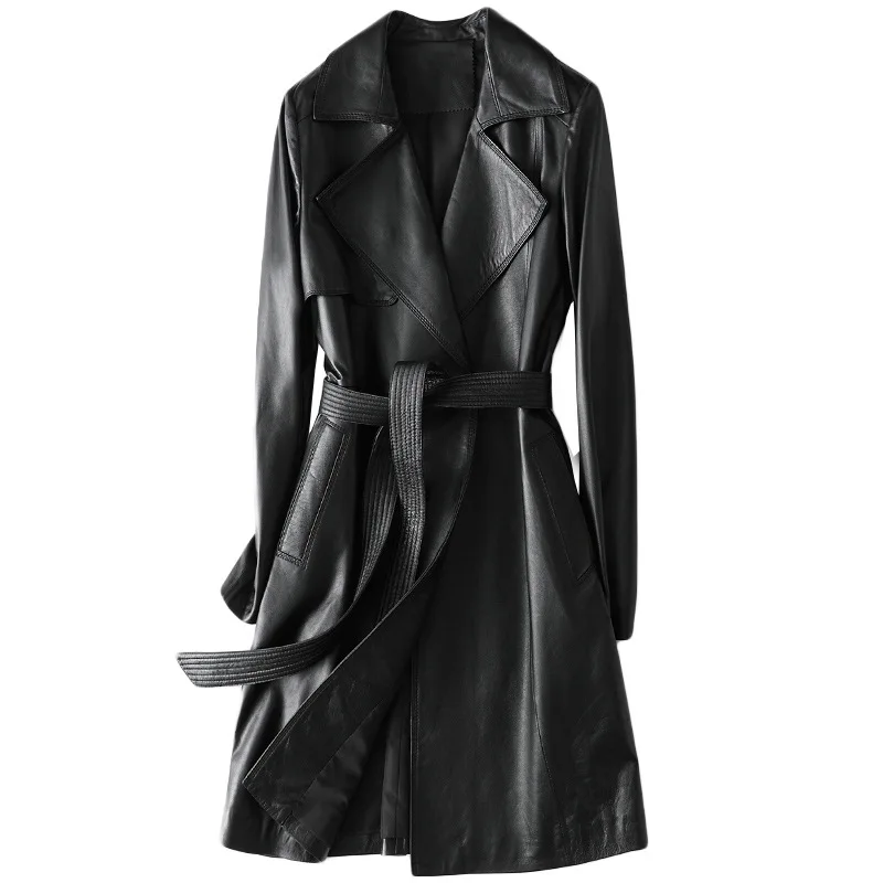 2021 Leather Shearling Jacket Belts Long Women Black Turn Down Collar Sheepskin Office Lady Genuine Leather Coats 3XL Plus Size