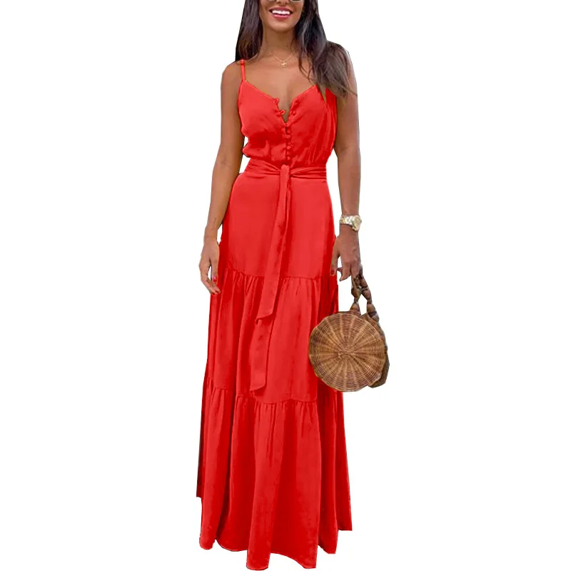 

Summer women dress Ankle-Length Spaghetti Strap Sleeveless Solid button long dresses for Office Lady