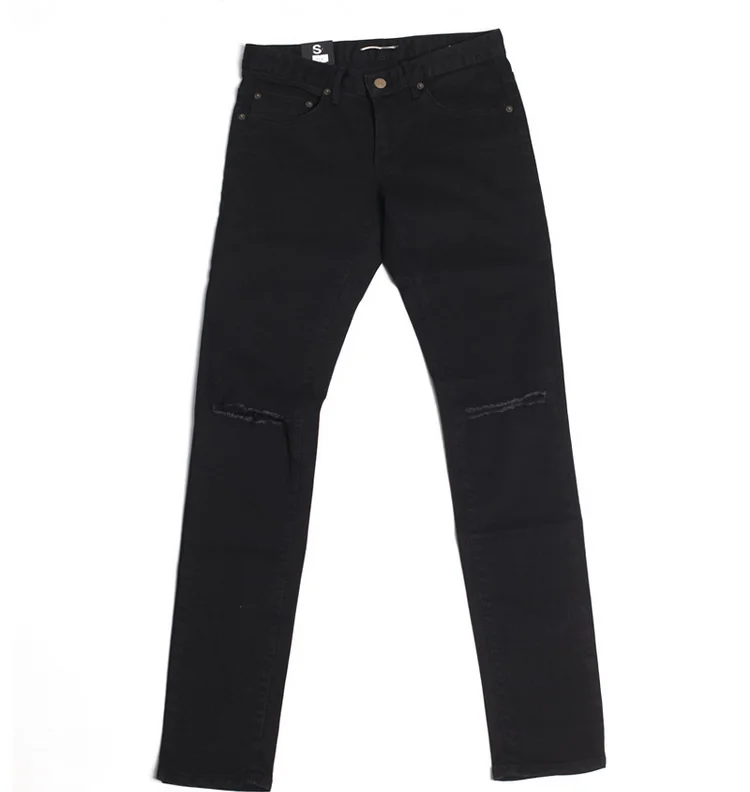 

Jeans men's slim little feet Korean version versatile pure black show thin hole nine point small trouser legs social hairstylist