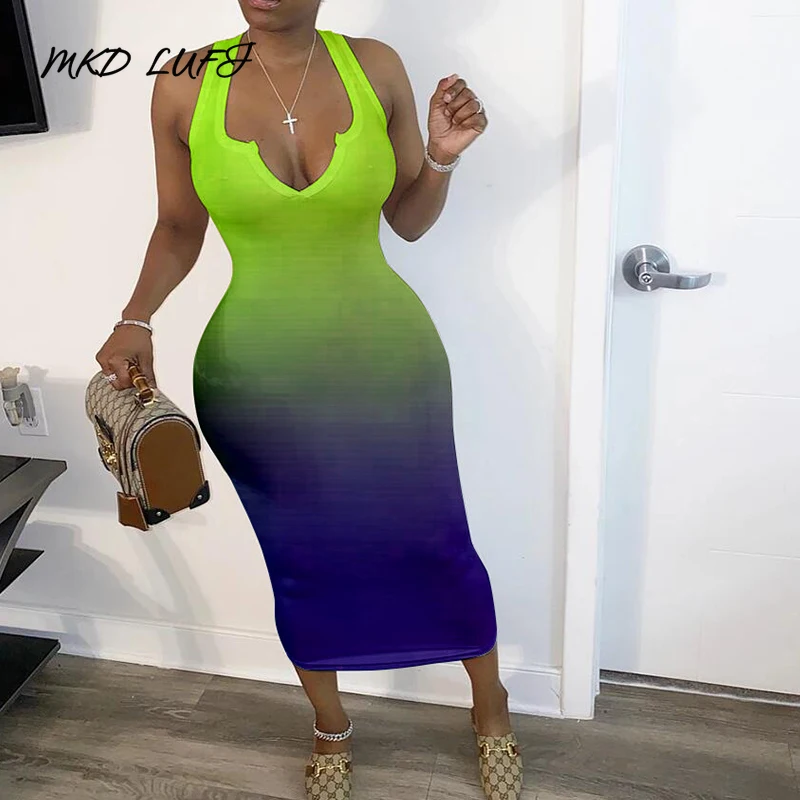 Mid-Calf Print Sleeveless Pullover Gradient Dress Women V Neck Thick Strap Sheath Bodycon Dresses | Женская одежда