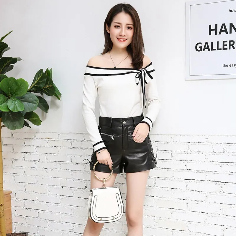 Top Quality Women Genuine Leather Sheepskin Shorts Side Drawstring Zipper Fly Pocket Mid Waist Streetweat Modis Female Short