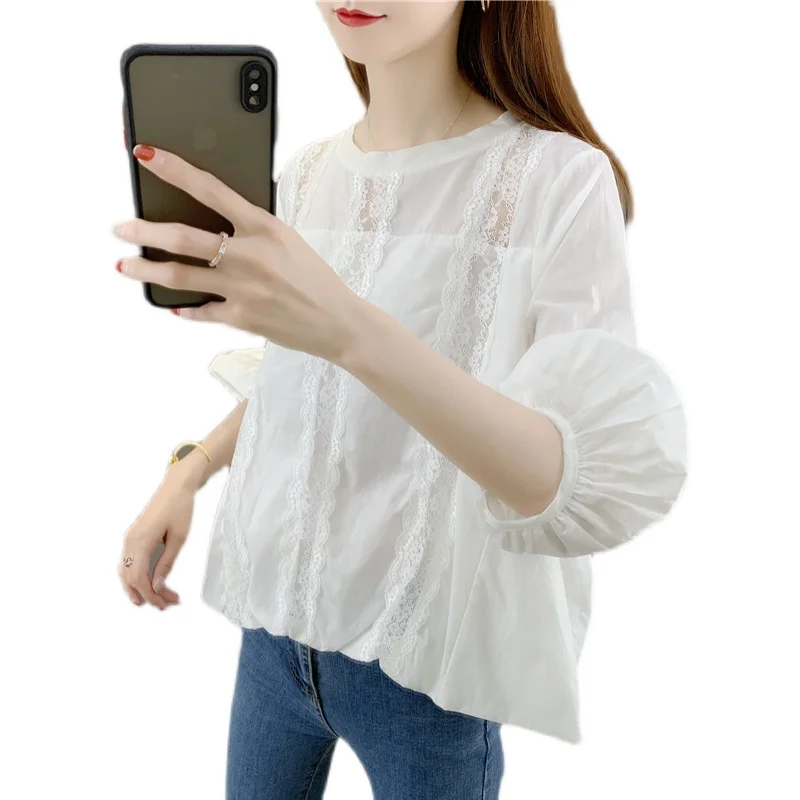 

Round Neck Short Sleeve Lace Pullover Chiffon Shirt Dropshipping Fall 2021 Women