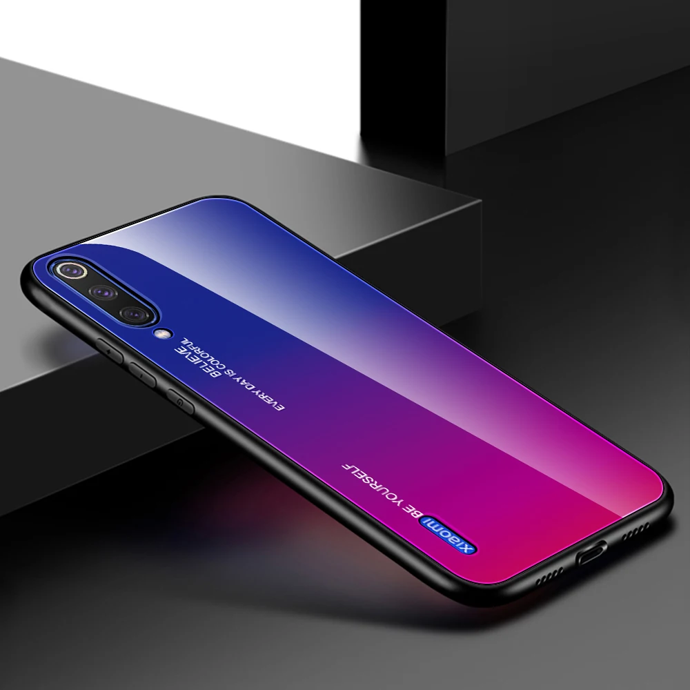 Blue Purple Чехол из закаленного стекла для Xiaomi Mi A3 Lite 9T RedMi 7A Note 7 8 K20 Pro цветной градиентный глянцевый чехол для Xiaomi RedMi Note 8 - Цвет: Blue Purple
