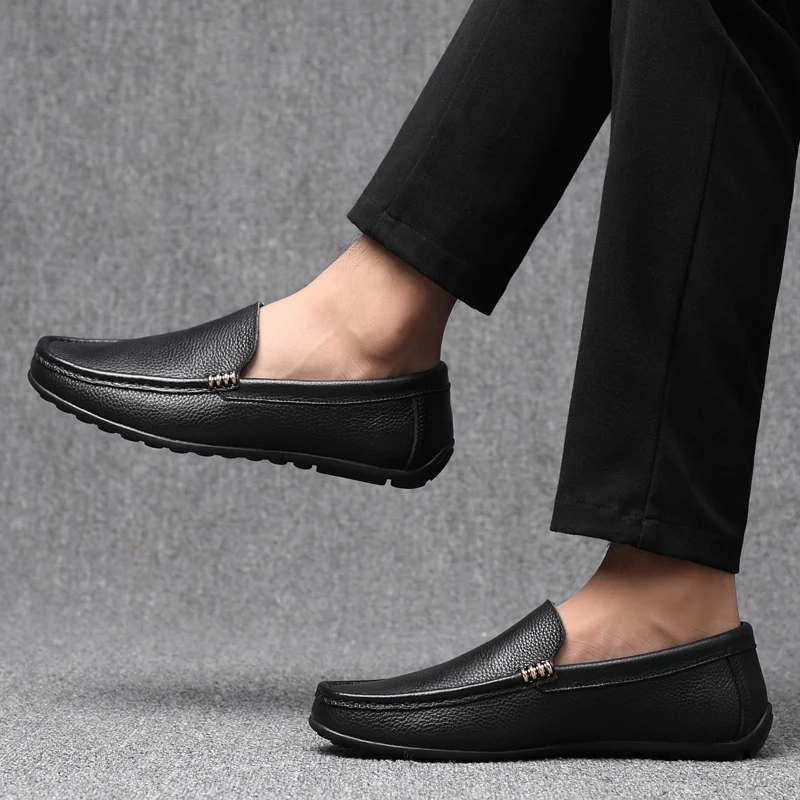 

Men Loafers Shoes Genuine Leather Penny Loafers outdoor Slip On round Toe Black Office Wedding Dress Casual Shoes Men moccasins