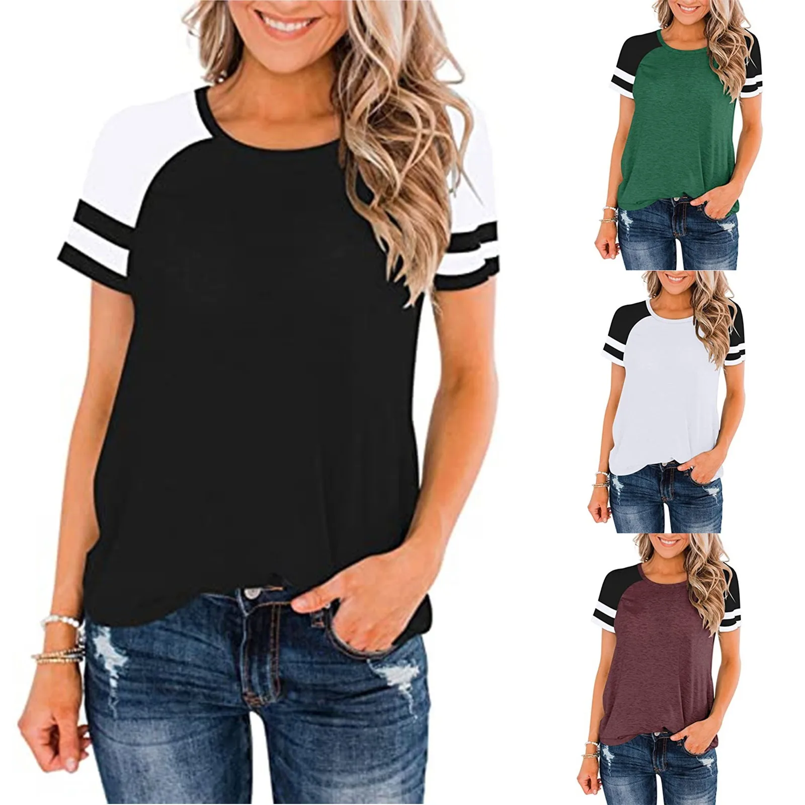 

Модные женские Топы в полоску с круглым вырезом и коротким рукавом