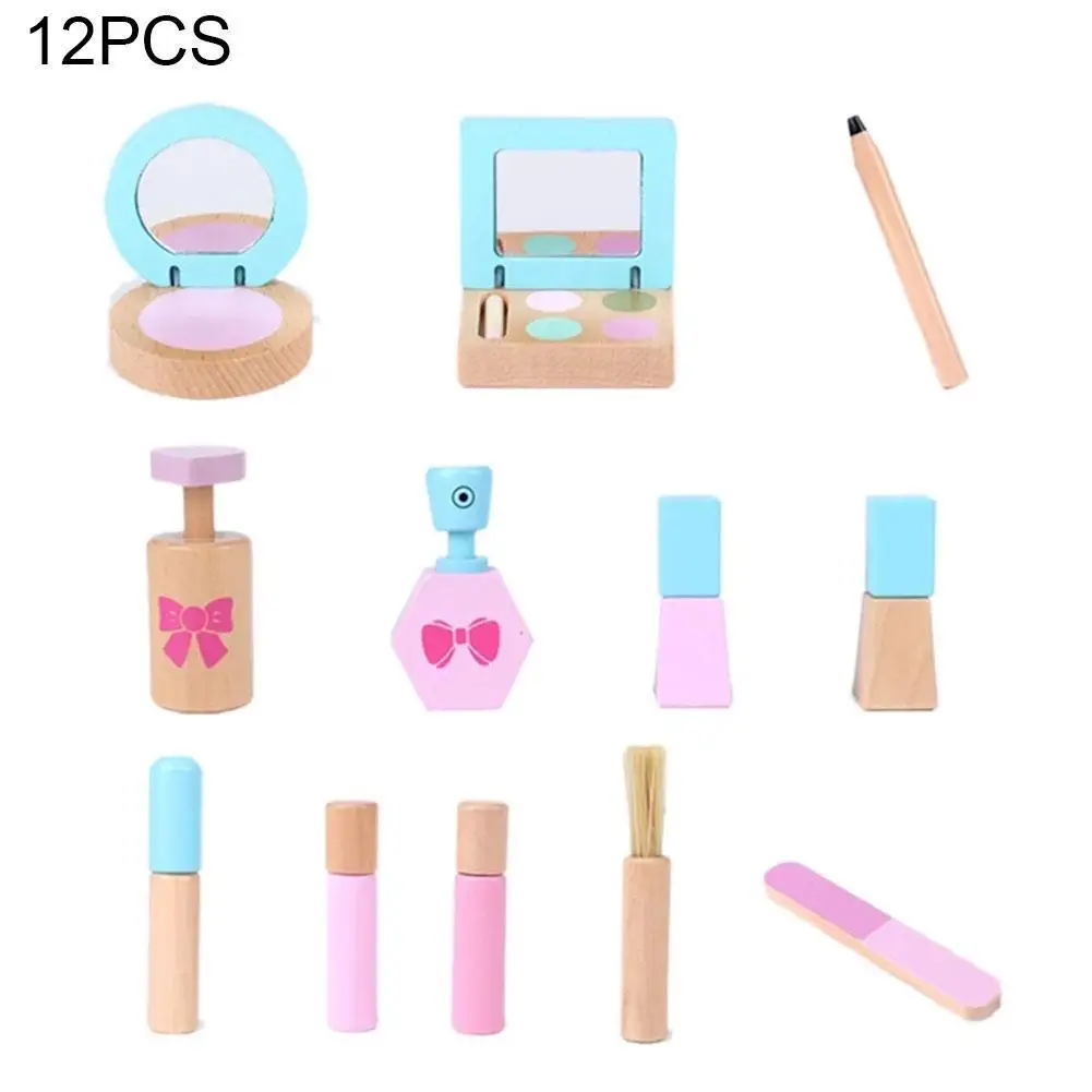 

12PCS Kids Wooden Pretend Role Play Toy Makeup Beauty Playset Funny Simulation Cosmetics Toy Makeup Accessory for Girls Gift