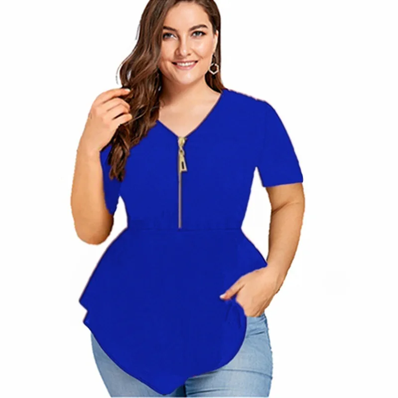 

S-5XL Fashion New Zipper Irregular Short-Sleeved Top T-shirt Women Casual Loose Plus Size Solid Color V-neck Chiffon T-shirt Top