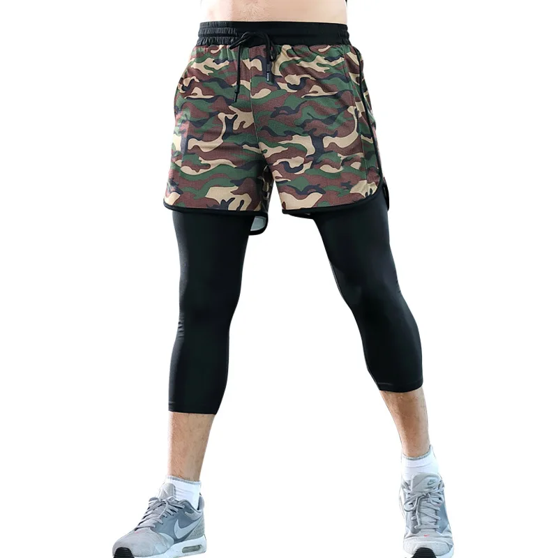 

Мужские двухслойные шорты для бега, спортзала, тренировок, уличная спортивная одежда для бега, фитнеса, камуфляжные короткие штаны