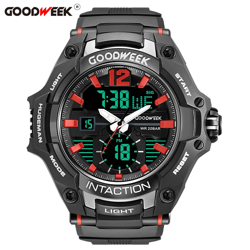 blackred GOODWEEK спортивные часы с большим циферблатом для мужчин, водонепроницаемые цифровые кварцевые часы с Led двойным дисплеем, часы с хронографом, Relogios Masculino - Цвет: blackred