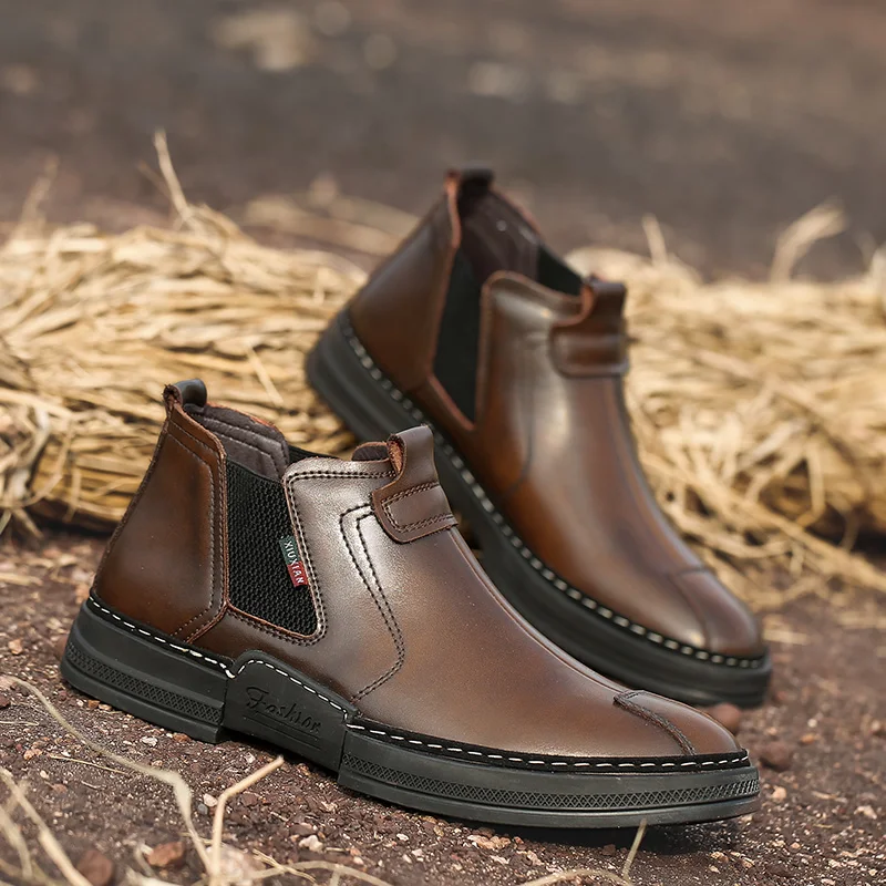 

Spring Autumn Chelsea Boots Men Brand Fashion Leather Casual Shoes Mens Black Brown Brand Man Comfortable Outdoor Shoes For Man