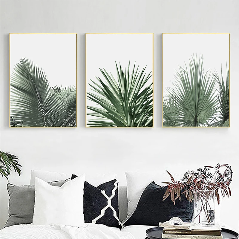 Скандинавская ботаническая Картина на холсте с зелеными листьями настенный