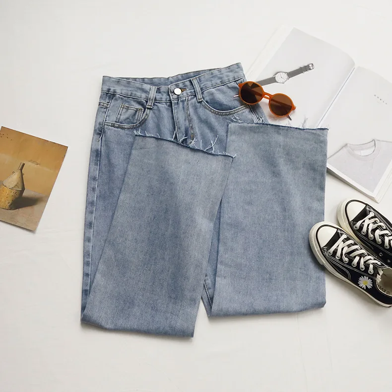 

2021 Spring and Summer Women's High Waist Washed Light Blue Jeans Leisure Commuter Wide Leg Pants