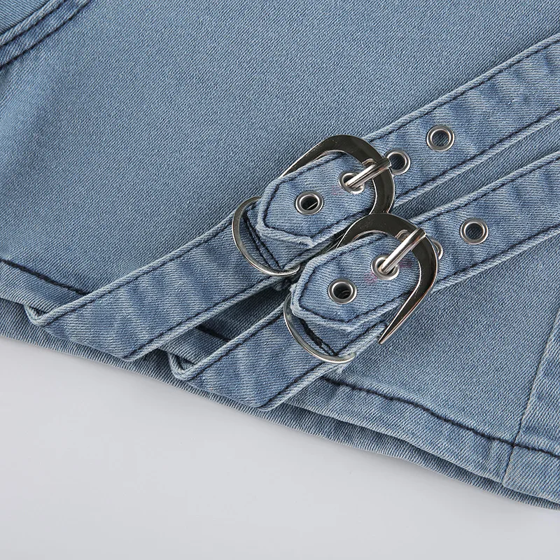 

2021 New summer women's denim shorts fashion high waist personality streetwear metal buckle straight baggy Wide leg jeans pants