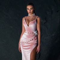 velour beaded evening dresses long 2021 luxury pink spaghetti strap mermaid prom gowns simple split party dress robes de soir%c3%a9e