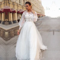 applique lace a line wedding dresses 2021 tulle o neck bridal gown wedding gowns long sleeve vestido de noiva floor length