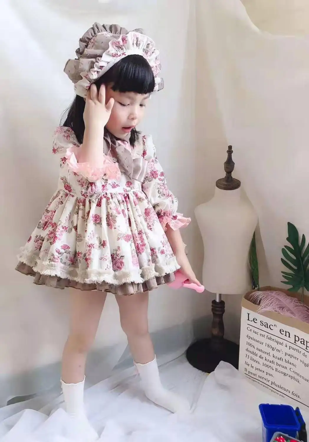 3 предмета, осенне-зимнее испанское вечернее платье Лолита для маленькой девочки, принцесса, длинный рукав, цветок, От 0 до 7 лет, бальное платье с бантом, детская одежда
