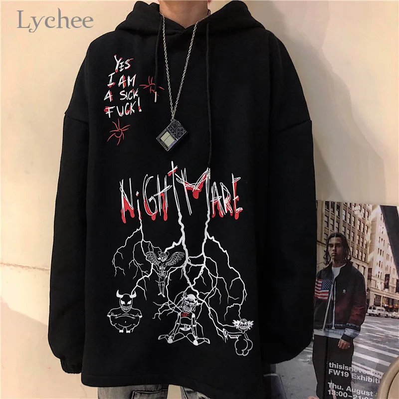 Lychee Harajuku Свободные повседневные женские толстовки пуловеры граффити дьявол с