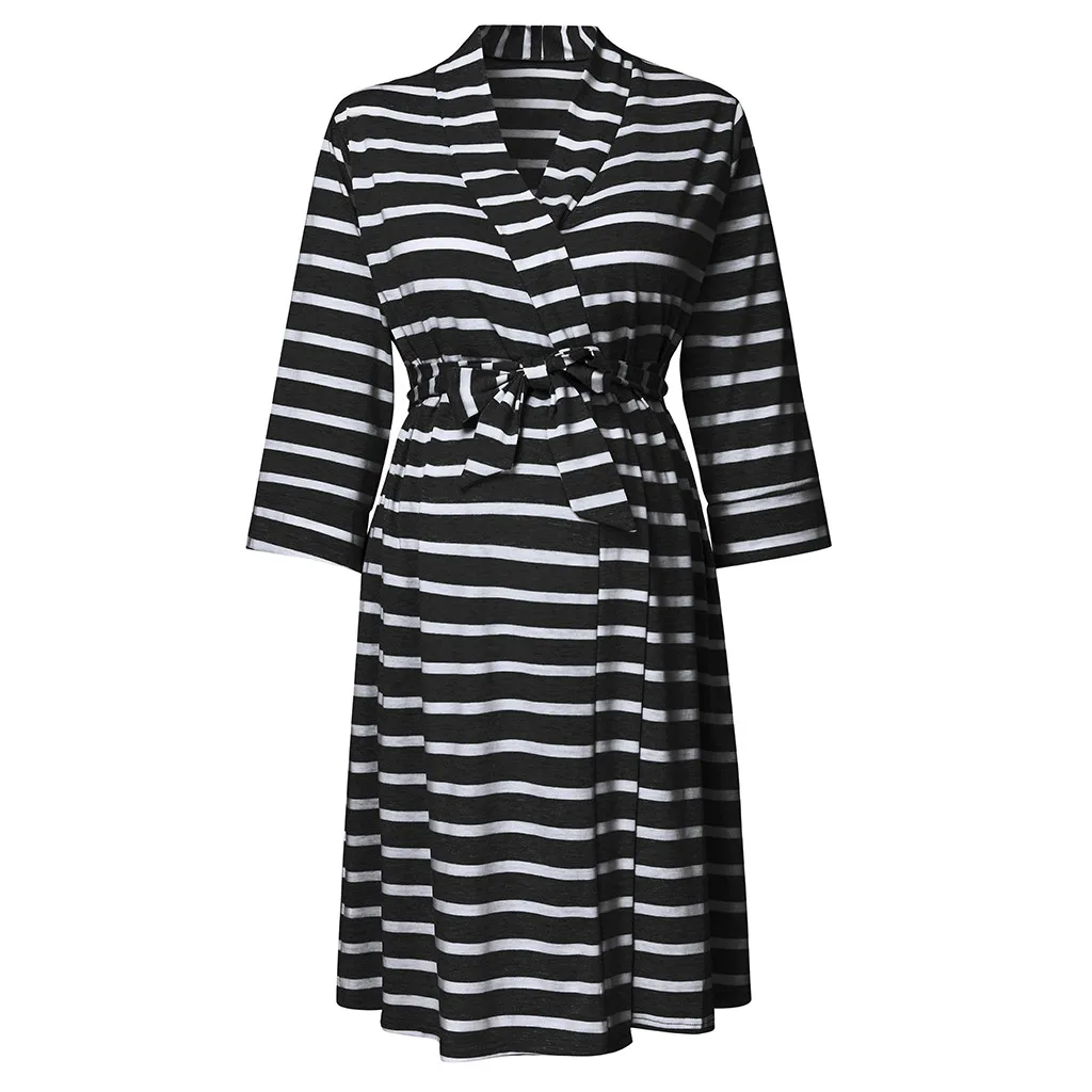 Осенние платья для беременных женщин 3/4 рукав полосатая повязка кормления ночная